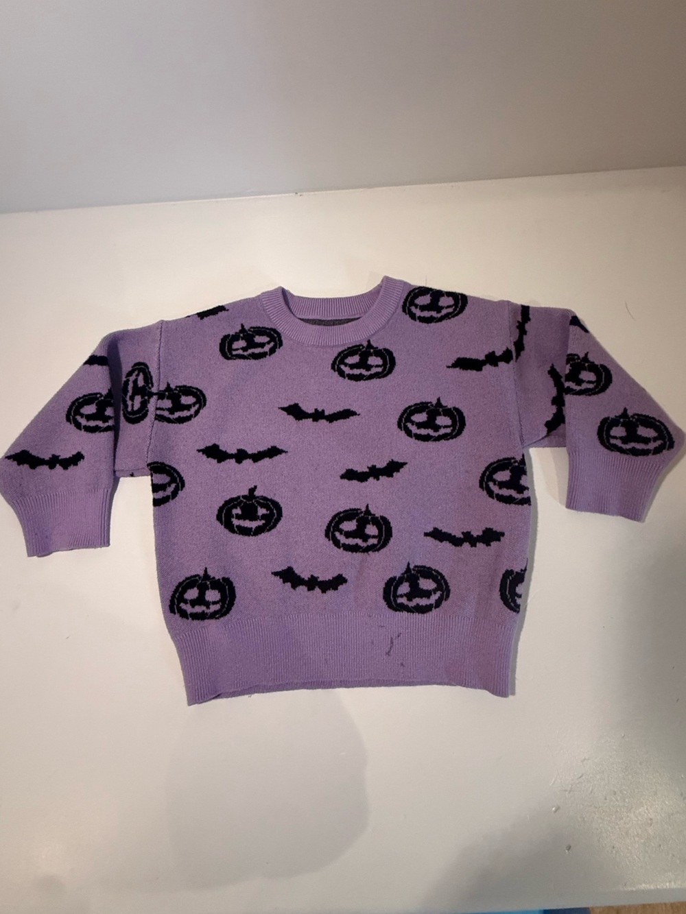 Purple Halloween Knit Sweater with Pumpkins & Bats – 4Y